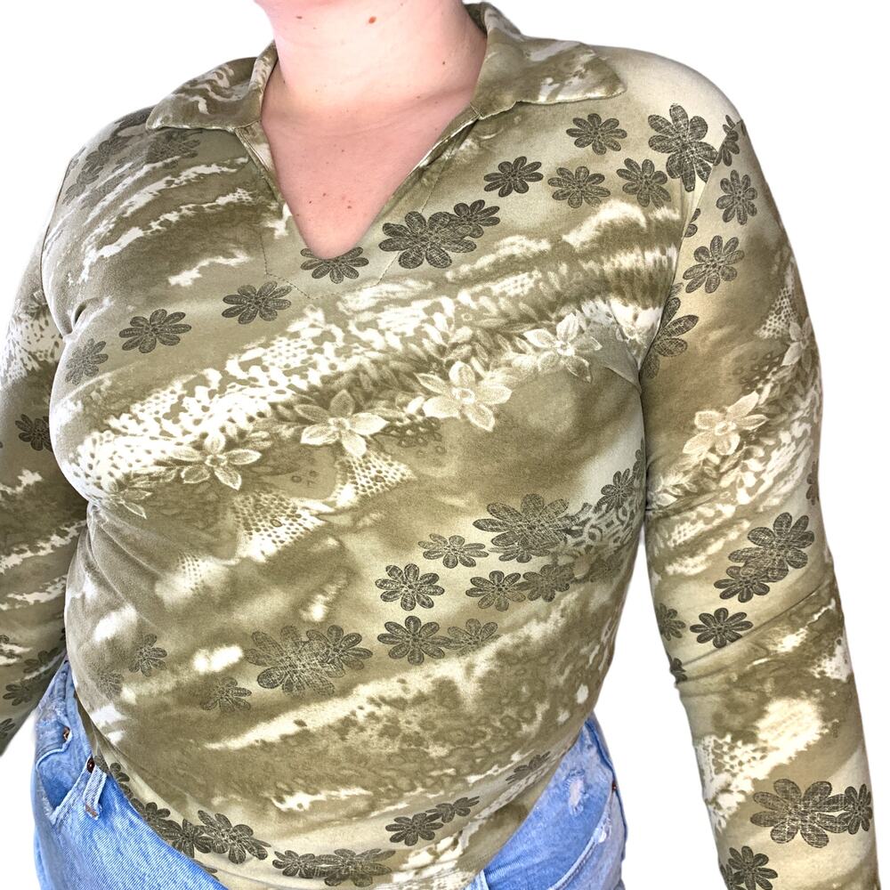 Vintage Tangents Olive Green Y2K Floral Long Sleeve Blouse Top Retro Medium